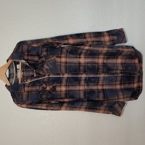 Miss Me Distressed Long Button Down  Studded Plaid Shirt - Picture 1 of 11